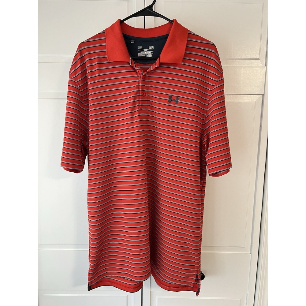 Mens Under Armour Loose Fit Heat‎ Gear Red Striped Short Sleeve Polo Shirt L